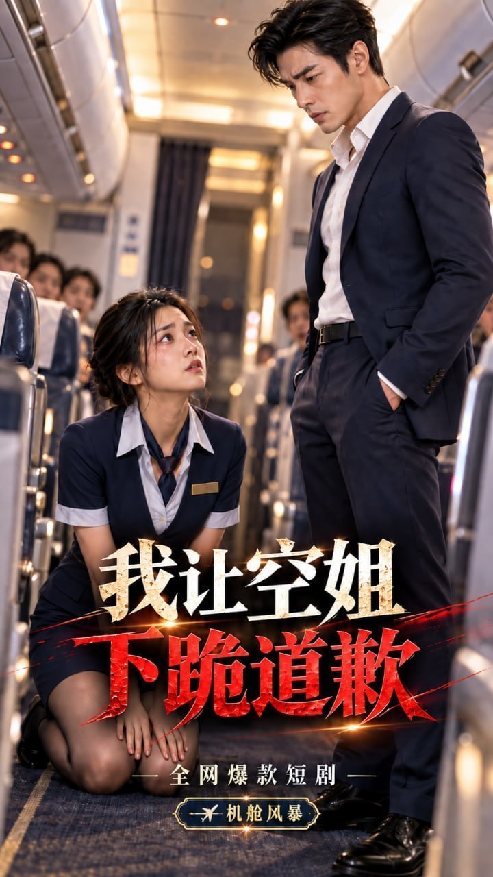 AI成人短剧 我让空姐下跪道歉 第1集 空姐因餐车碰撞被迫下跪并遭机舱内凌辱
